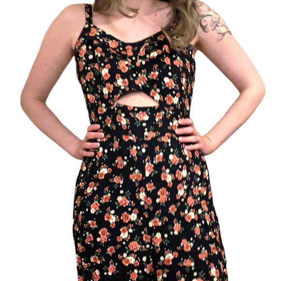 Farm Rio Jumpsuit Ditsy Floral Rose Print Wide Leg Cutout Bodice Black Womens 6 - Picture 6 of 10